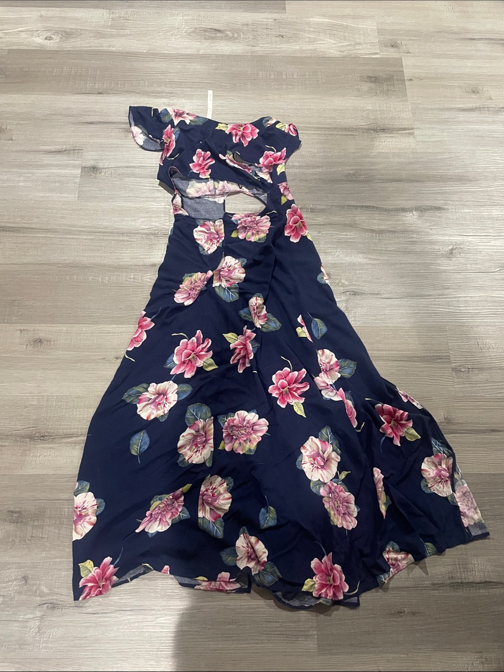 Reformation Navy Floral Tie-Front Maxi Dress with Pink Blossoms - Picture 4 of 5